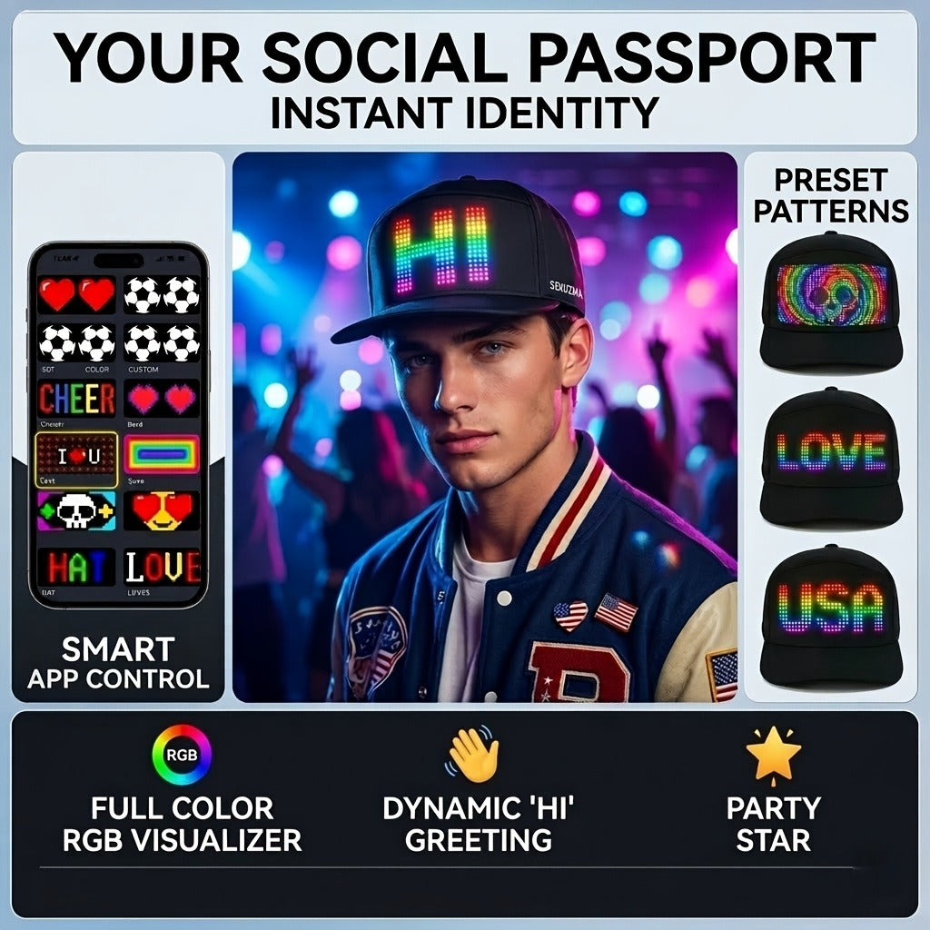 Programmable LED Hat with APP Control – Custom Text, Animation & Graffiti Display, USB Rechargeable, Adjustable Fit for Men & Women