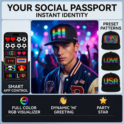 Programmable LED Hat with APP Control – Custom Text, Animation & Graffiti Display, USB Rechargeable, Adjustable Fit for Men & Women