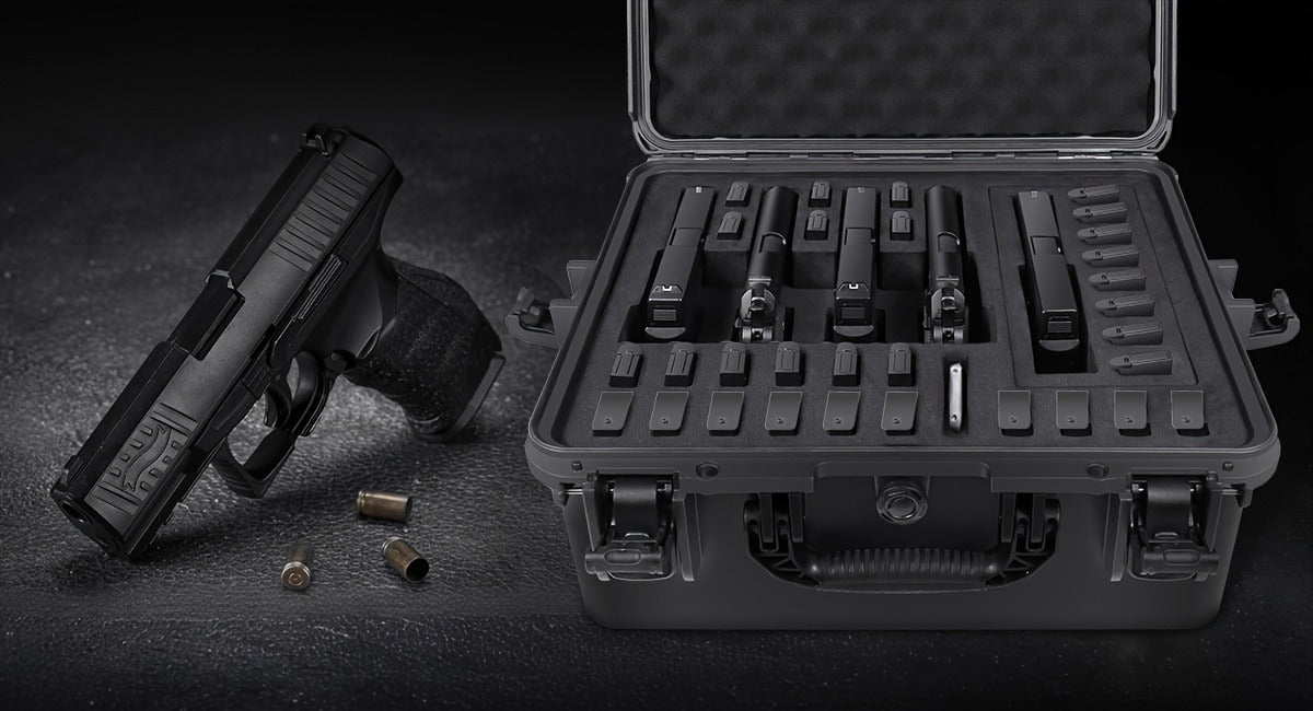 Hard Pistol Case Holds 5 Handguns & 30 Magazines – Lockable Travel Gun Case with Pre-Cut Foam, Silica Gel Canister, ABS Hard Shell