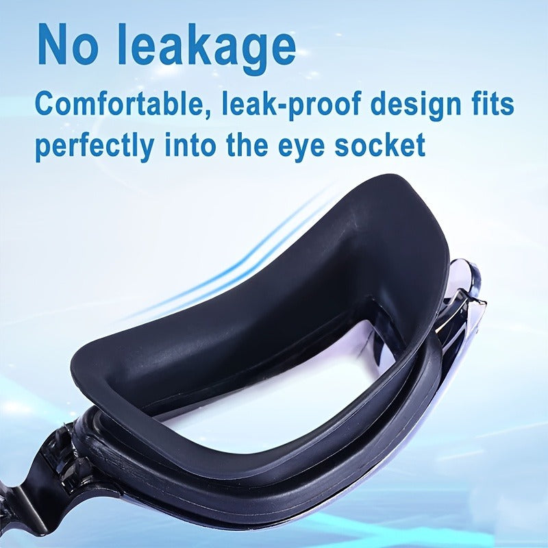 Adult Swimming Goggles Six-Piece Set with Black Silver-Look Lenses, Swim Cap, Case, Nose Clip, Earplugs and Bag
