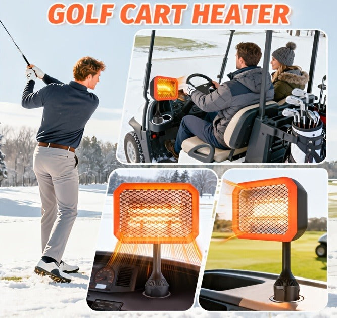 400W Electric Golf Cart Heater Carbon Fiber Fast Heating 360° Adjustable Angle Battery Powered Portable Heater with Cup Holder Adapter