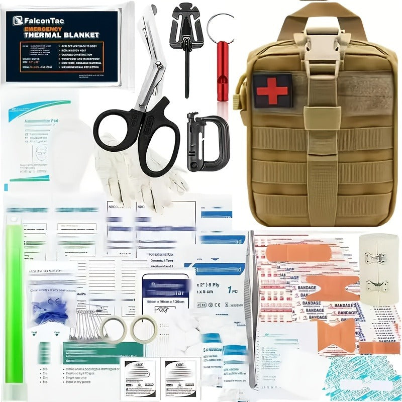 Emergency Survival Kit with MOLLE-Style Bag, Pictured Multi-Tool and First-Aid Assortment in Two Colors