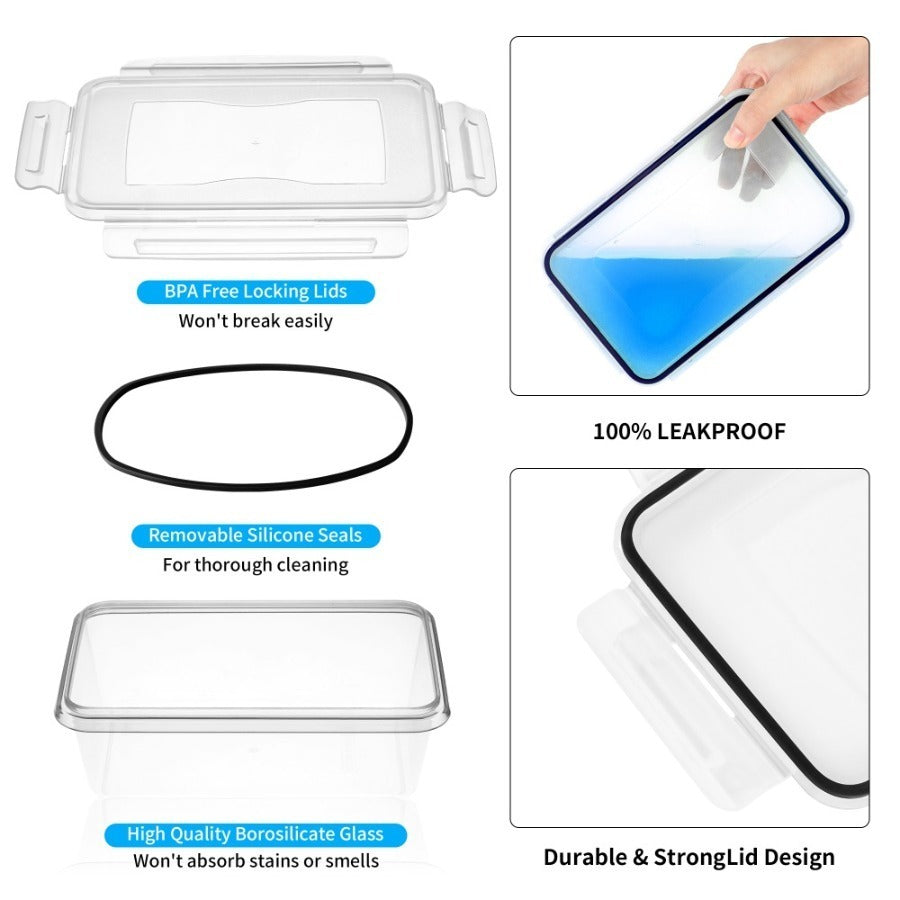 Food Storage Containers with Lids, Set with 12, 20 or 24 Clear Boxes, Locking Lids and Microwave, Dishwasher and Freezer Use