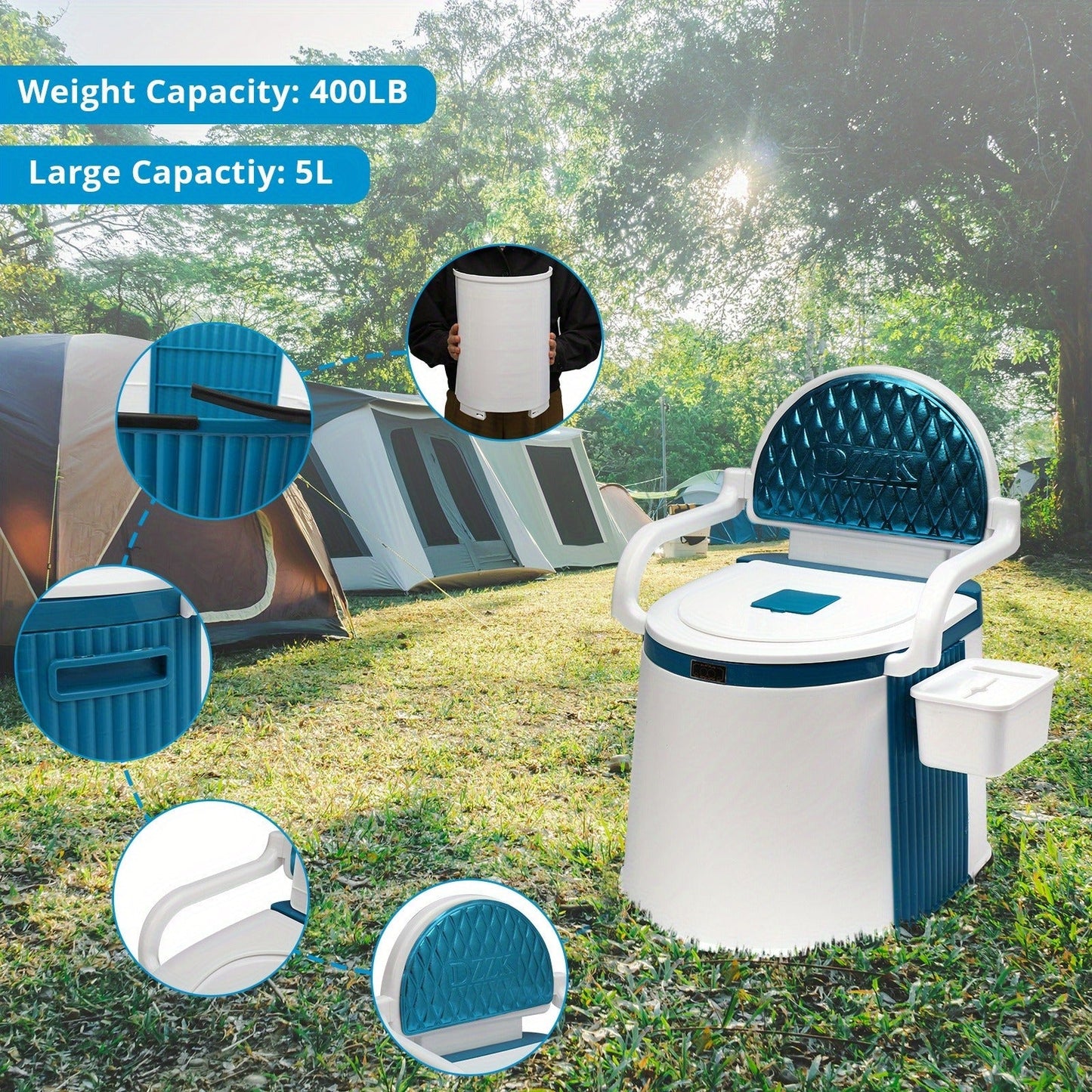 Portable Camping Toilet with Backrest – 350lb Capacity, 6-8 Gal Detachable Bucket, Anti-Slip Base, Built-in TP Holder & Phone Shelf