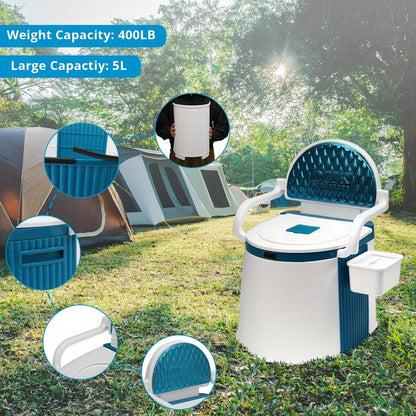 Portable Camping Toilet with Backrest – 350lb Capacity, 6-8 Gal Detachable Bucket, Anti-Slip Base, Built-in TP Holder & Phone Shelf