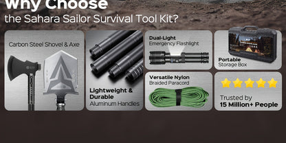 Folding Camping Shovel Axe Kit, Multifunctional Survival Tactical Shovel with Paracord, Dual Color Flashlight & Whetstone