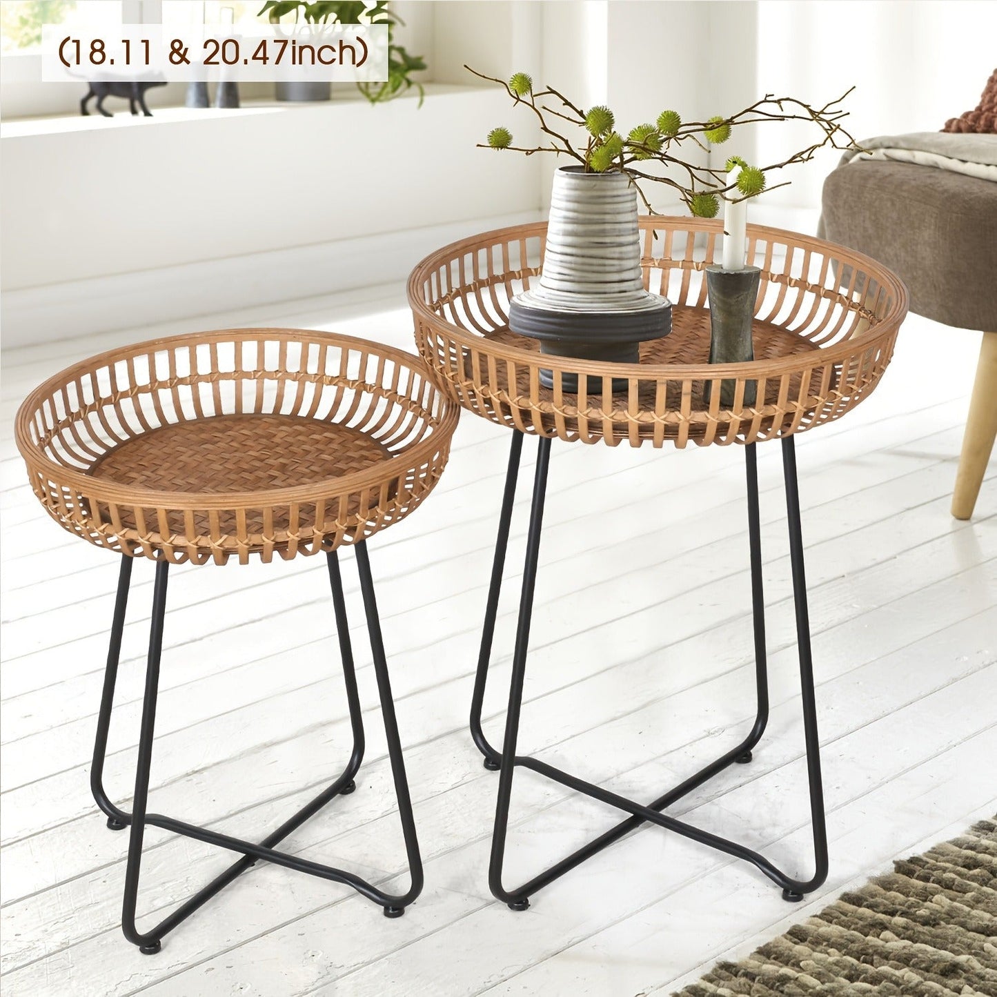 Side Table Rattan Collection with Bamboo-Woven Tops, Metal Bases and 18- or 20.4-Inch Options