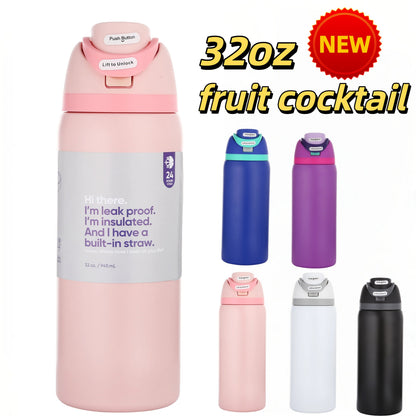 32oz Stainless Steel Water Bottle with Flip-Up Drinking Spout, Cleaning Brush and Five Solid Colors