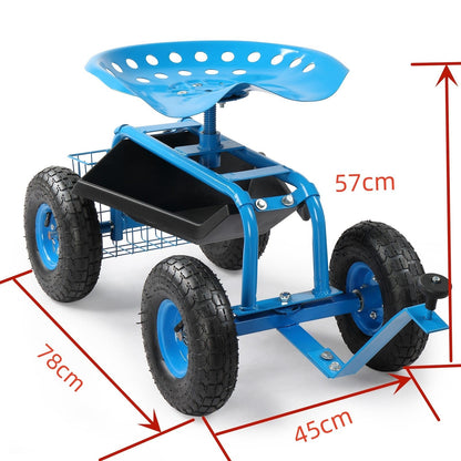 Rolling Garden Seat Cart, Backrest, Cushion, Telescopic Handle & Storage Basket, Steel Frame