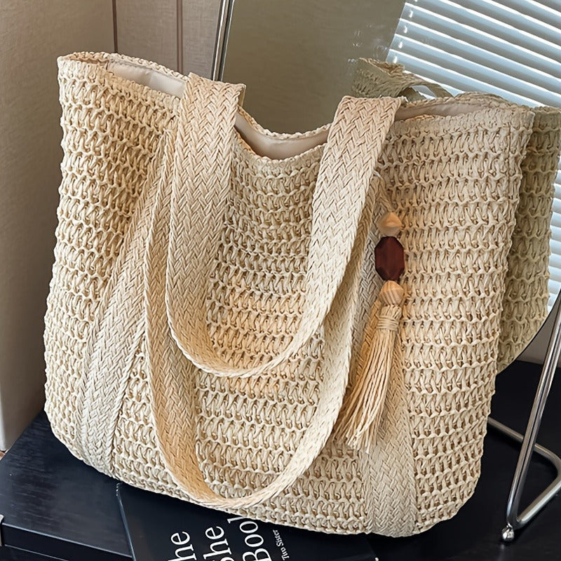 Straw Woven Tote Bag for Women with Tassel, Large Beach Storage and 3 Natural Color Options