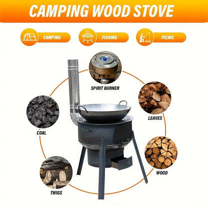 Round Wood-Burning Camp Stove Set with Chimney Pipe, Tripod Legs and 13.78- or 16.93-Inch Diameter Options