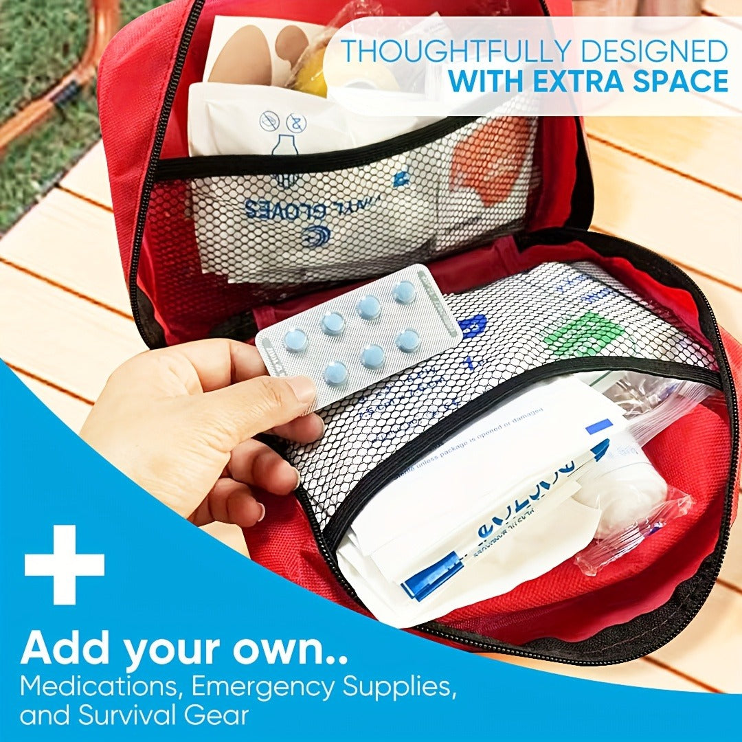 338-Piece First Aid Supply Kit in Red Handled Zipper Bag with Organized Interior Compartments
