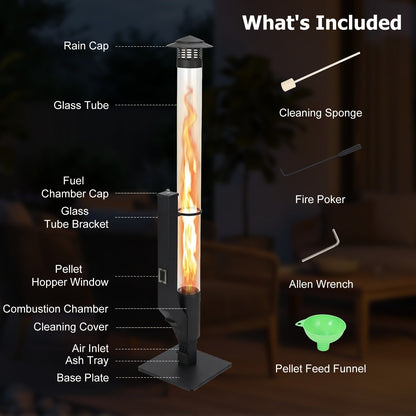 Outdoor Wood Pellet Patio Heater 56 Inch, Smokeless Portable Pellet Stove with Rain Cap, Viewing Window & Ash Tray