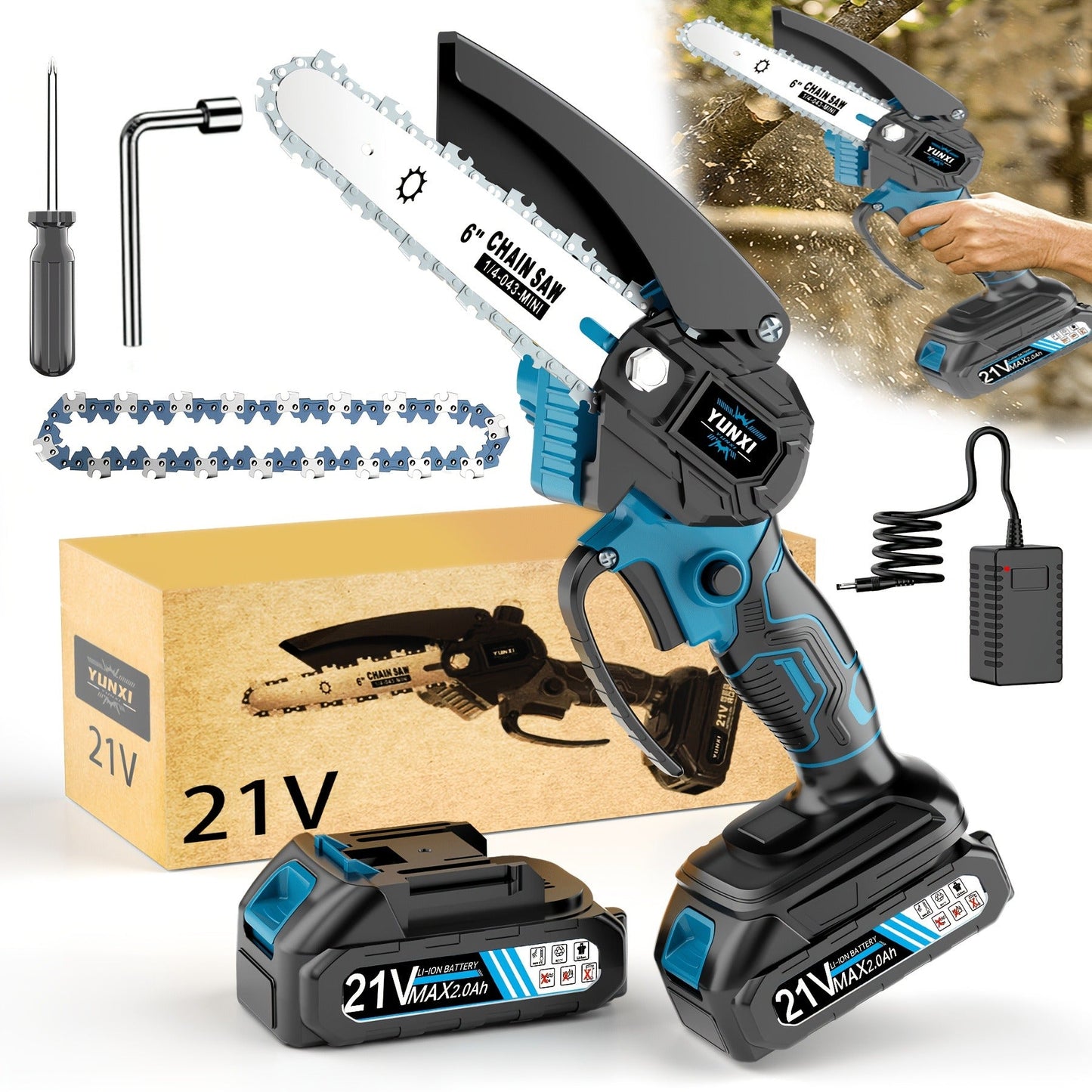 Handheld Electric Chainsaw, Mini Cordless Portable Tree Cutter with Splash Guard, Security Lock, Rechargeable Battery Options