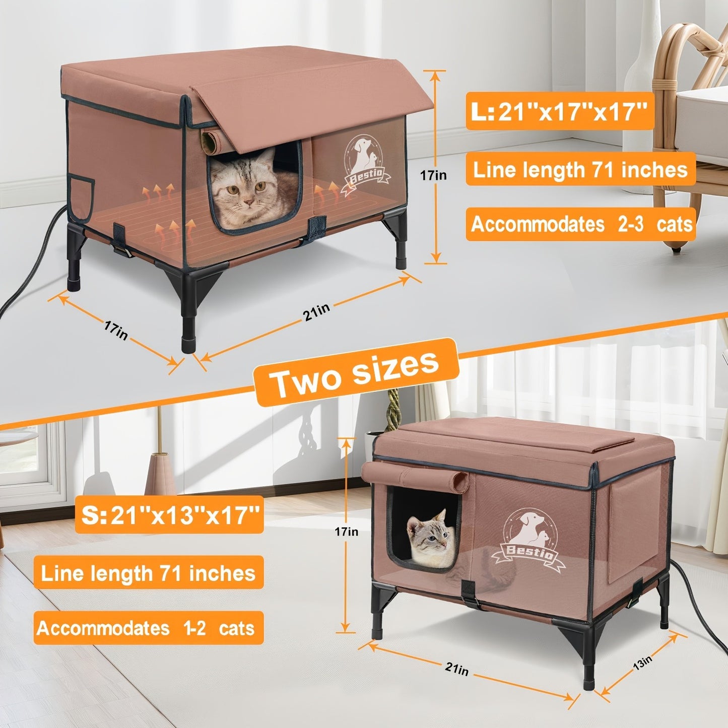 Heated Cat House 3-in-1 with Removable Warming Pad, Elevated Cat Bed for Indoor & Outdoor Cats, Chew-Resistant Cord, Double Door Cat Cave