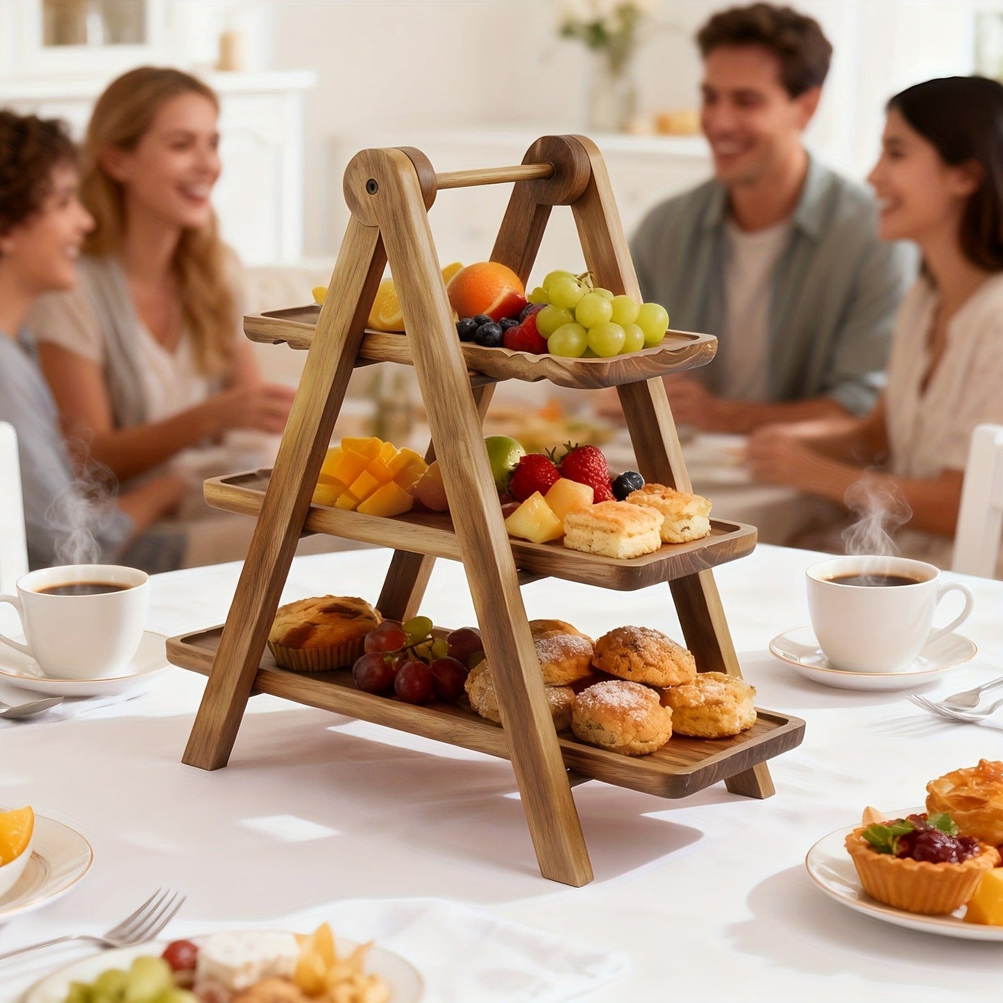 Cake Stand 3 Tier Wooden Serving Tray Farmhouse Dessert Display Cupcake Tower Bread Basket Collapsible Tiered Platter for Wedding Party