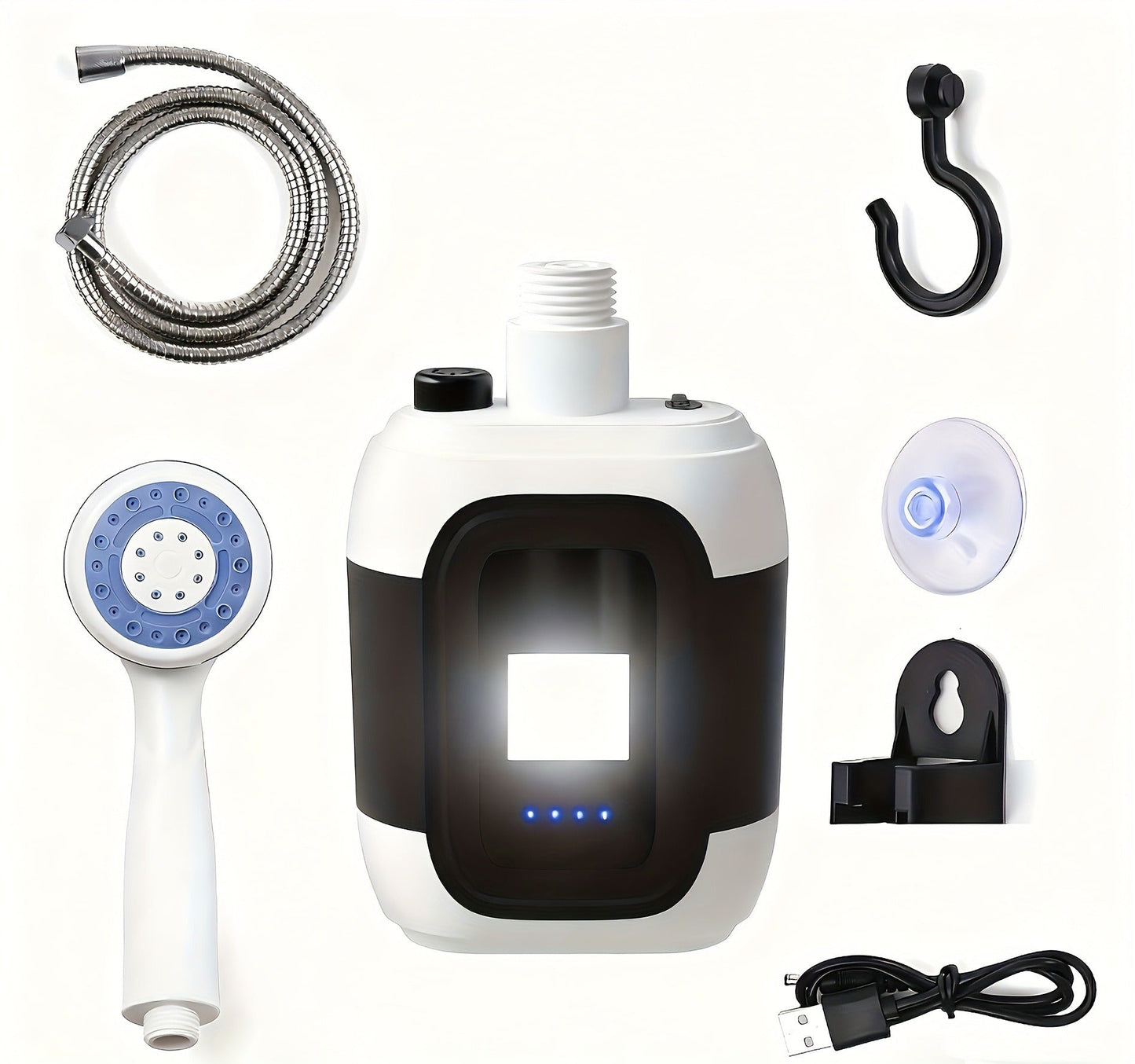 Portable Outdoor Shower with Light 2-in-1 – 2000mAh Rechargeable, Power Display, Spray Nozzle, Hose & Suction Cup – Camping, Hiking