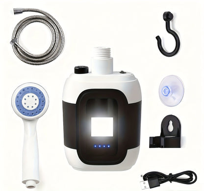 Portable Outdoor Shower with Light 2-in-1 – 2000mAh Rechargeable, Power Display, Spray Nozzle, Hose & Suction Cup – Camping, Hiking