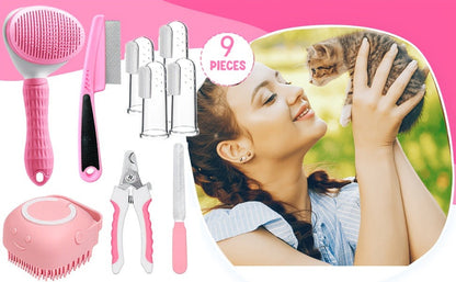 Pet Grooming Tool Set with Brushes, Combs, Nail Tools and Pink or Blue 9-Piece or 11-Piece Options