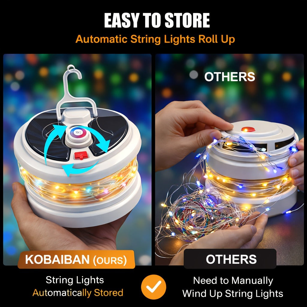Solar Camping Lantern with Retractable 32.8ft String Lights, Six Modes, USB-C Port and Hand Crank