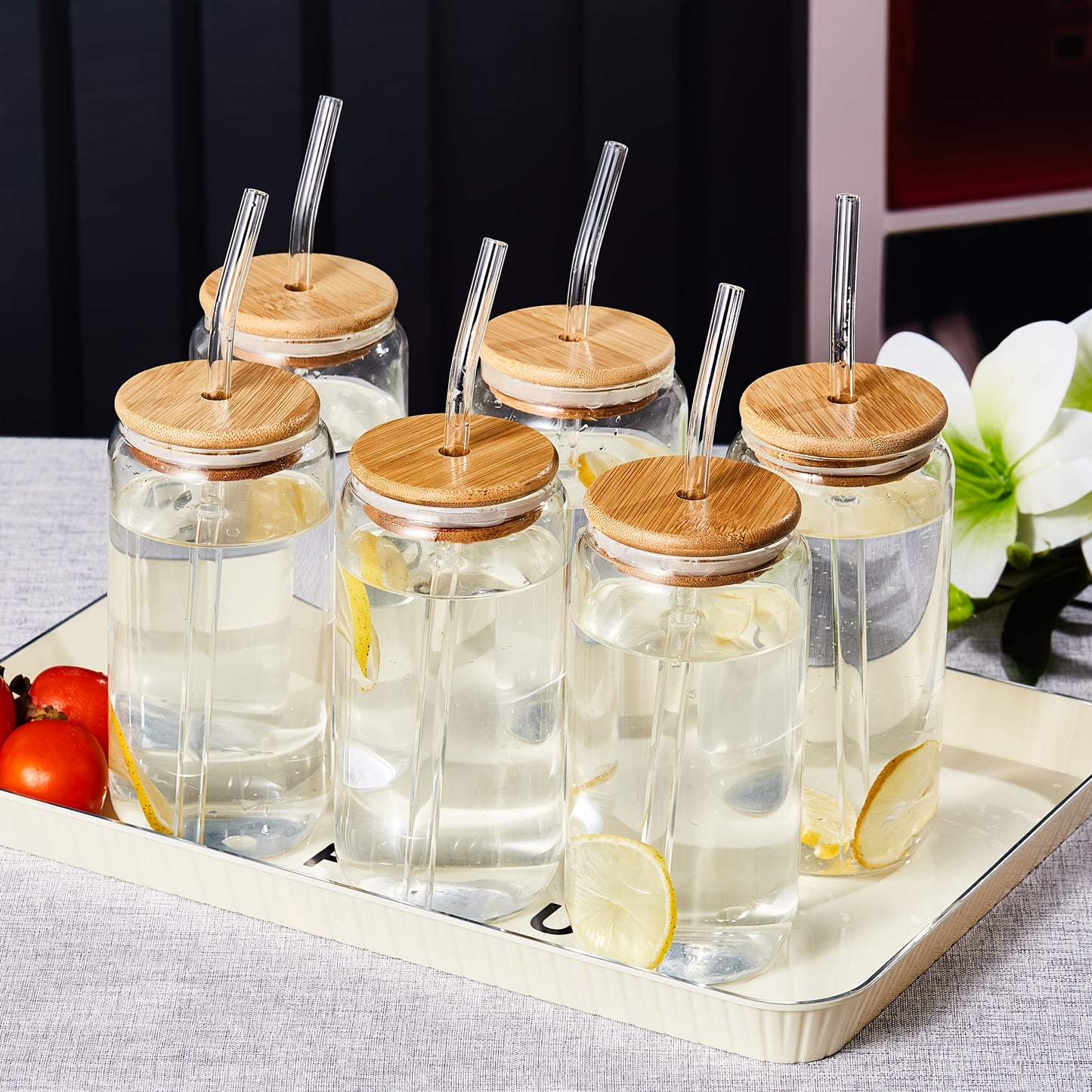 Drinking Glasses Set with Lid and Straw 550ml Oval Glass Cups 4 or 6 Piece, for Home Cooking, Dining and Outdoor Meals