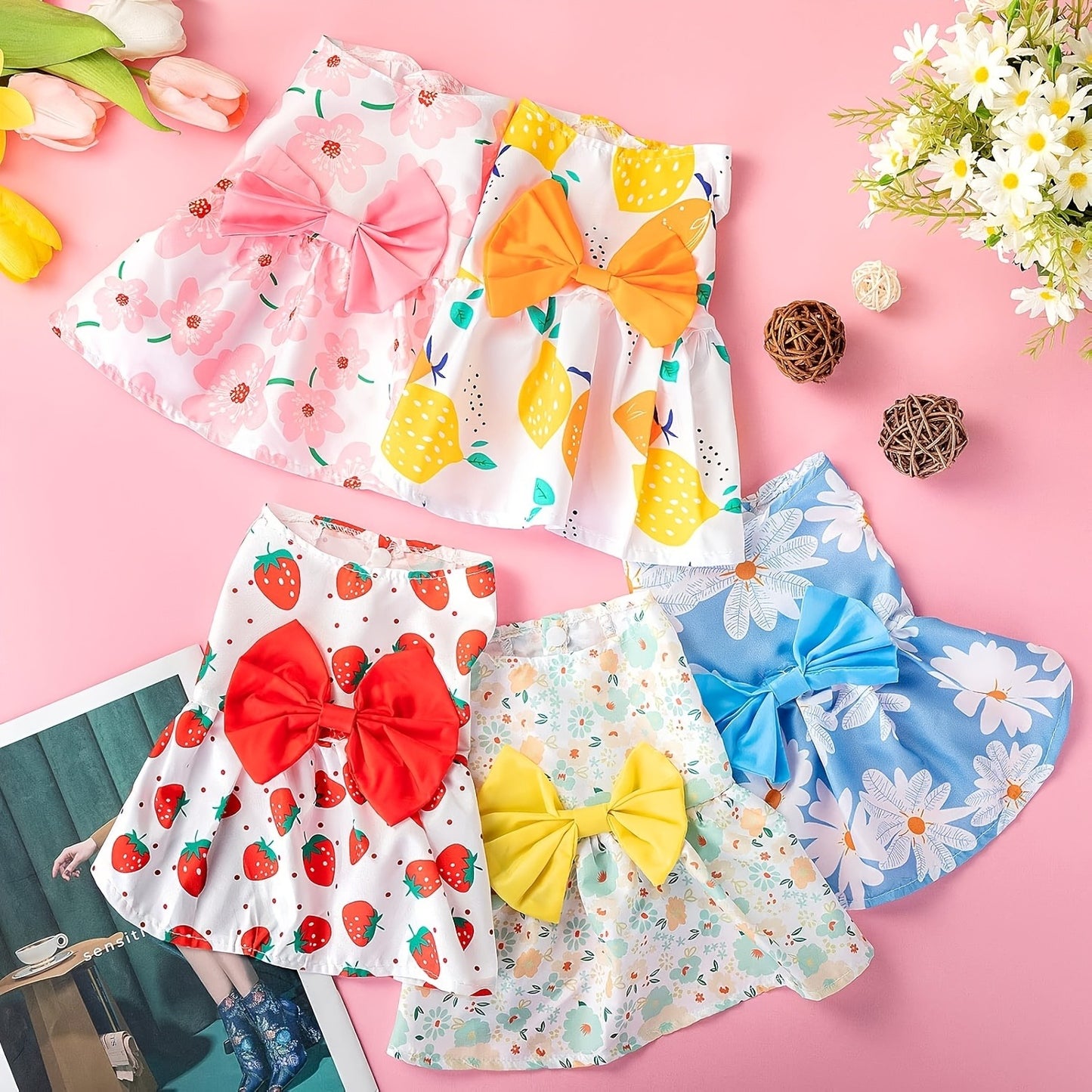 Dog Dress Floral Princess Bow – Cute Puppy Summer Dress for Small Dogs & Cats, Pink & Red Pet Dog Skirt with Bow Decoration
