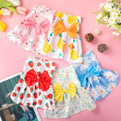Dog Dress Floral Princess Bow – Cute Puppy Summer Dress for Small Dogs & Cats, Pink & Red Pet Dog Skirt with Bow Decoration