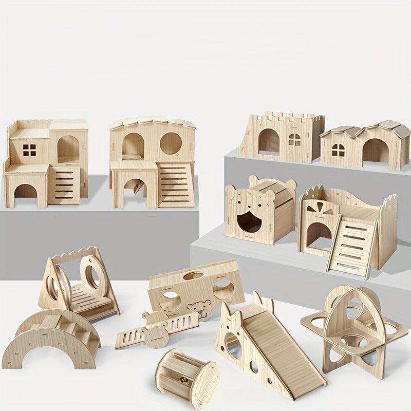 Hamster Cage Accessories 6-Piece Wooden Set – Running Wheel, Villa House, Swing, Nesting House for Hamsters Guinea Pigs Gerbils