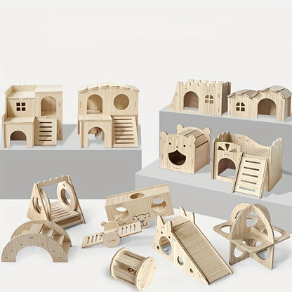 Hamster Cage Accessories 6-Piece Wooden Set – Running Wheel, Villa House, Swing, Nesting House for Hamsters Guinea Pigs Gerbils
