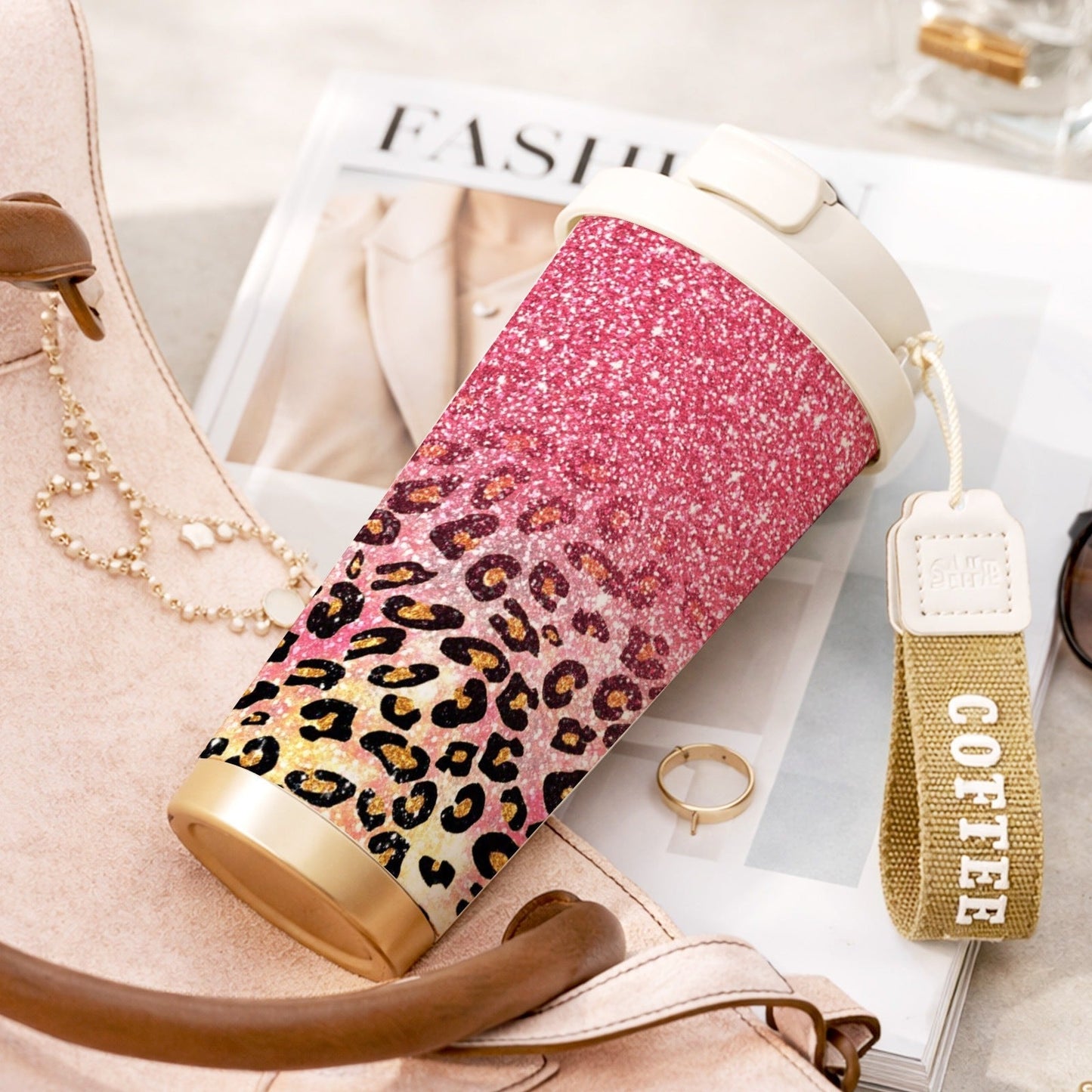 Glitter Leopard Print 18oz Stainless Steel Tumbler with Fold-Down Straw Lid and Carry Strap