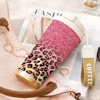 Glitter Leopard Print 18oz Stainless Steel Tumbler with Fold-Down Straw Lid and Carry Strap