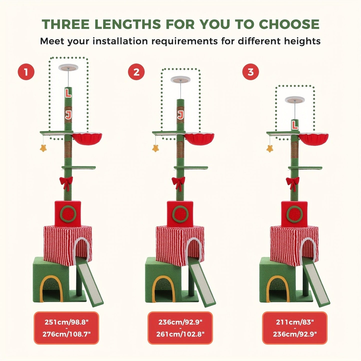 90-107.9-Inch Floor-to-Ceiling Cat Tree with Four Platforms, Tension Post and Five Style Options