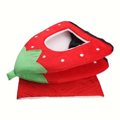 Small Animal Hideaway Bed 2pcs – Strawberry Plush Hideout for Guinea Pigs, Hamsters & Rabbits, Semi-Enclosed Warm Nest with Leaf Design