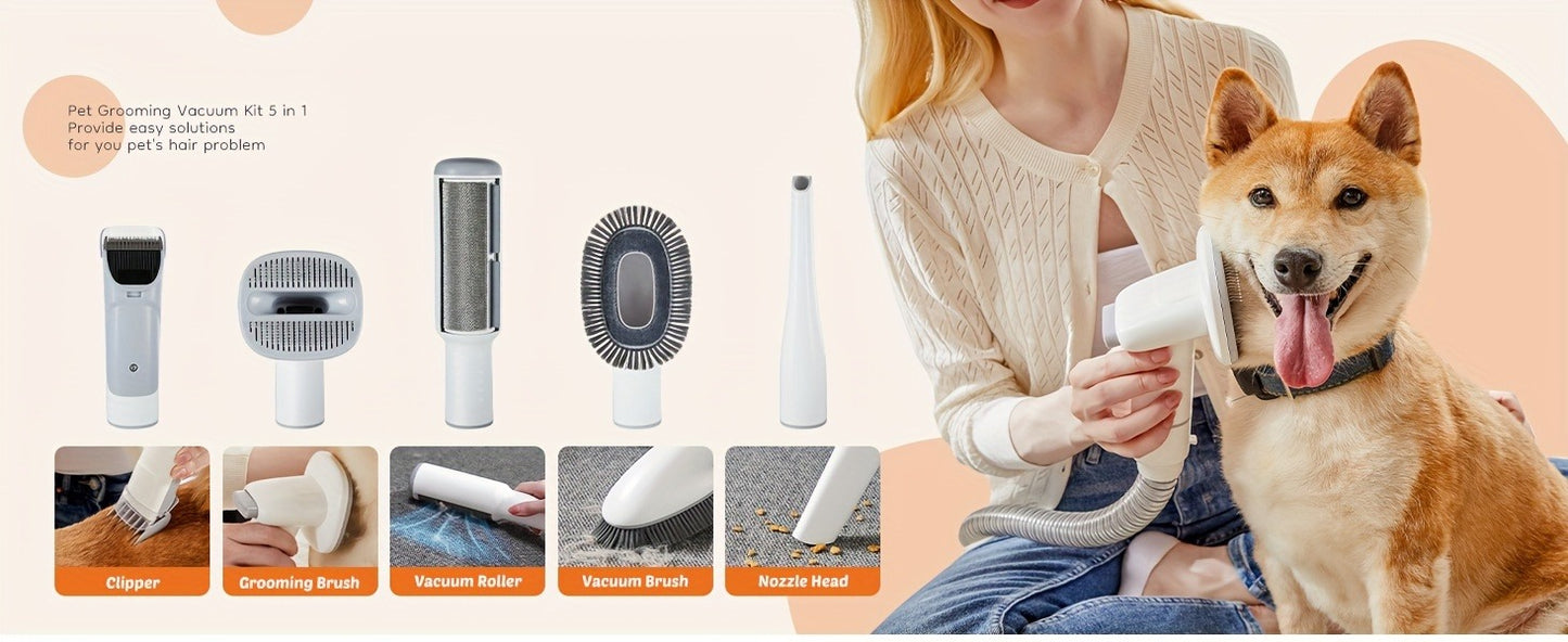 Pet Grooming Vacuum Kit 5-in-1 Professional Clippers 99% Hair Suction 6 Guide Combs Multifunctional Dog Cat Grooming Tools White Blue Grey
