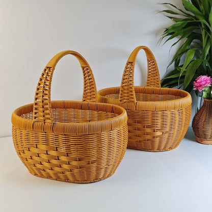 Rattan Basket Woven Shopping Basket with Handle – Extra Large Handcrafted Picnic Basket for Fruits, Eggs, Vegetables