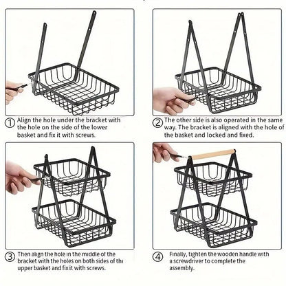 Fruit Basket Kitchen Organizer 2 or 3 Tier Metal Stand with Removable Wooden Handles for Countertop