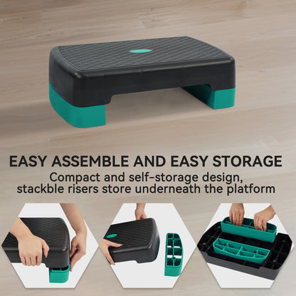 Aerobic Step Platform Adjustable Height with 2 Risers – Non-Slip Workout Stepper 18"x11", 440 LB Capacity