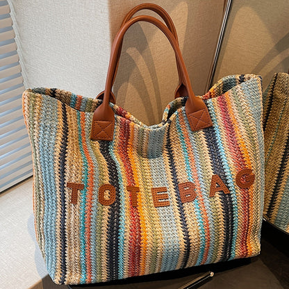 Straw Tote Bag for Women Large Capacity Bohemian Hand-Woven Striped Beach Bag Summer Vacation Shoulder Bag Colorful Letter Pattern