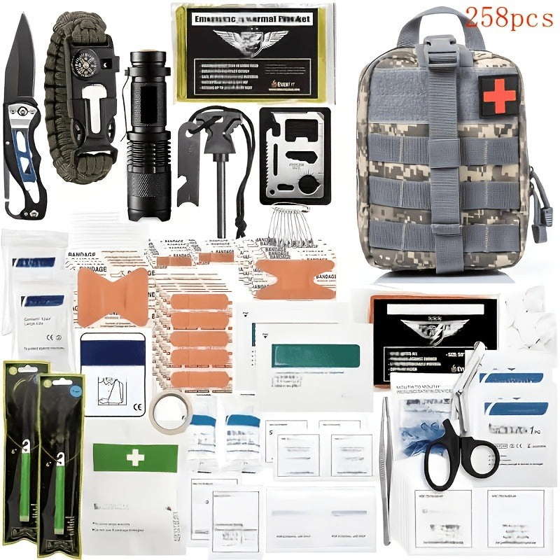 Outdoor Survival Gear Set 11/13/258-Piece – Professional Emergency Kit with Fire Starter & Compass | Multi-Tool Outdoor Equipment
