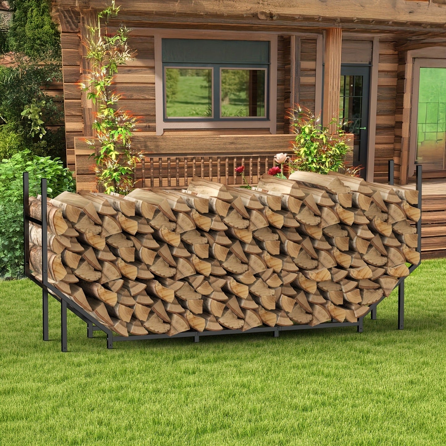 Firewood Rack Heavy Duty Adjustable – Outdoor & Indoor Log Holder with Cover, A-Frame Steel Wood Storage Stand for Fireplace, Patio, Cabin