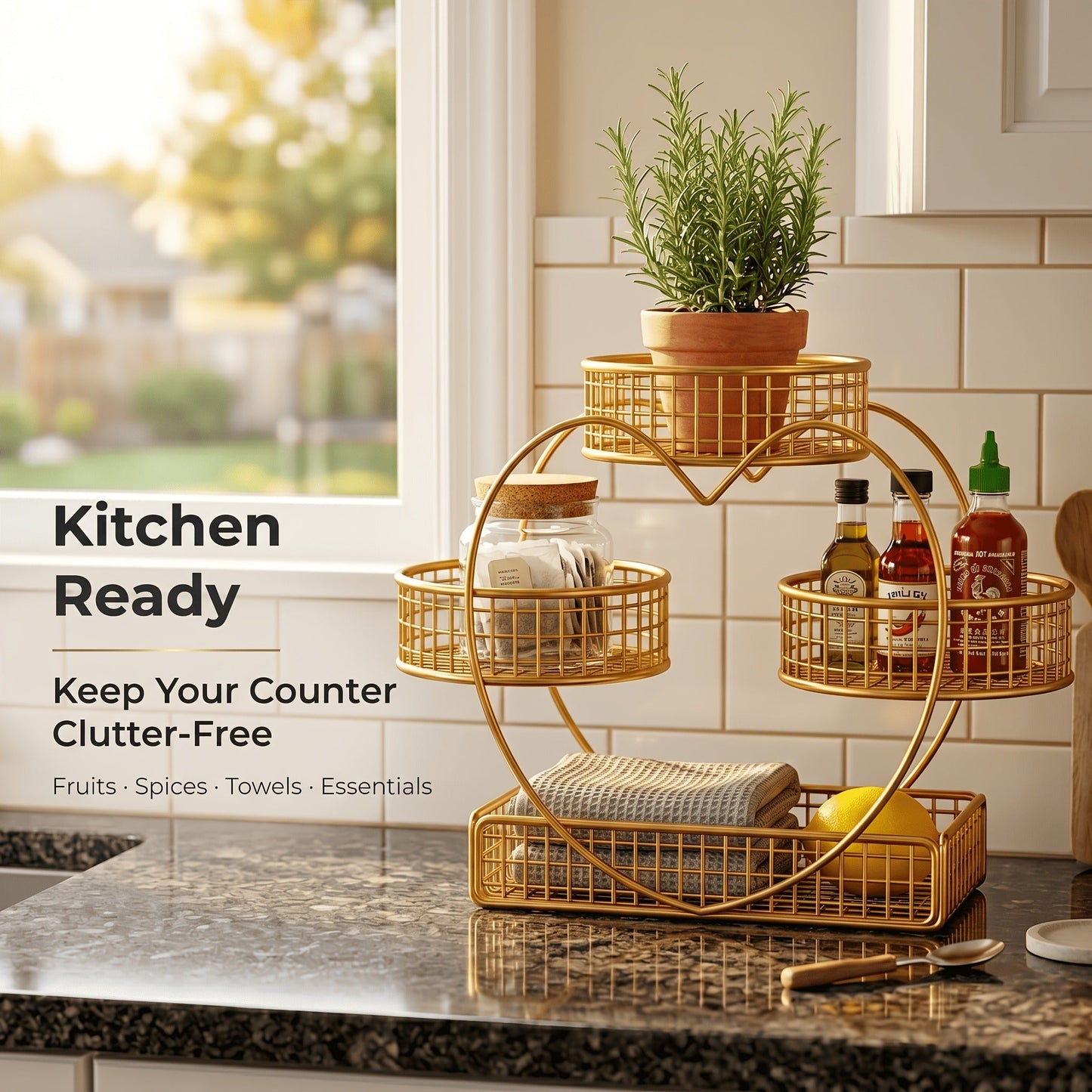 Three-Tier Gold-Tone Wire Fruit Basket with Three Round Bowls and Rectangular Countertop Base