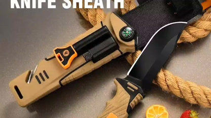 Fixed Blade Outdoor Camping Knife 9.64 Inch Stainless Steel, Survival Hunting Knife with Flint Fire Starter Night Light Sharpener Safety