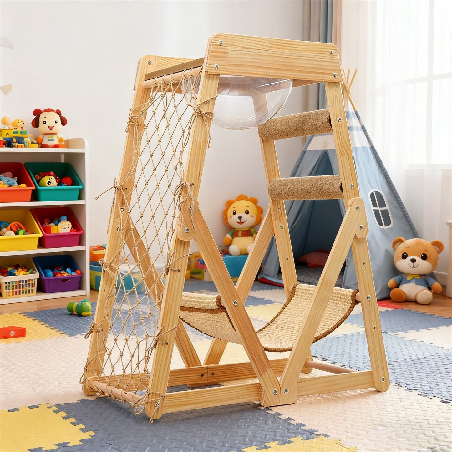 Cat Tree Triangle Cat Tower with Sisal Scratching Posts, Soft Hammock Bed & Hanging Feather Toys – Bamboo Stable Cat Climbing Tower