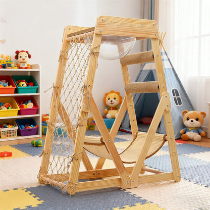 Cat Tree Triangle Cat Tower with Sisal Scratching Posts, Soft Hammock Bed & Hanging Feather Toys – Bamboo Stable Cat Climbing Tower