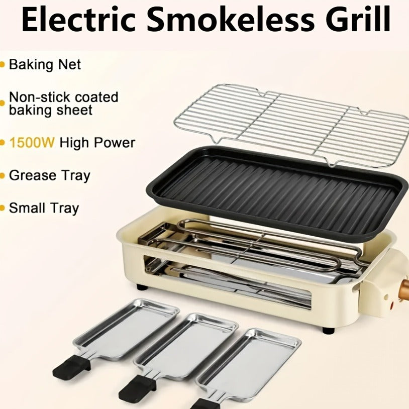 Indoor Smokeless Electric Grill 1500W Non-Stick Raclette Table Grill with Removable Plate & 3 Mini Pans Compact BBQ Griddle