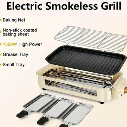 Indoor Smokeless Electric Grill 1500W Non-Stick Raclette Table Grill with Removable Plate & 3 Mini Pans Compact BBQ Griddle