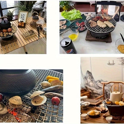 10.6-Inch Round Charcoal Grill Set with Cast-Iron Body, Cooking Grid, Wooden Base and Tongs