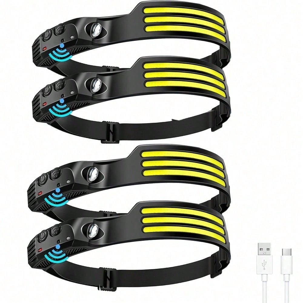 Four-Pack Rechargeable COB Strip Headlamps with 230° Wide-Light Label, Side Spotlight and Motion Sensor