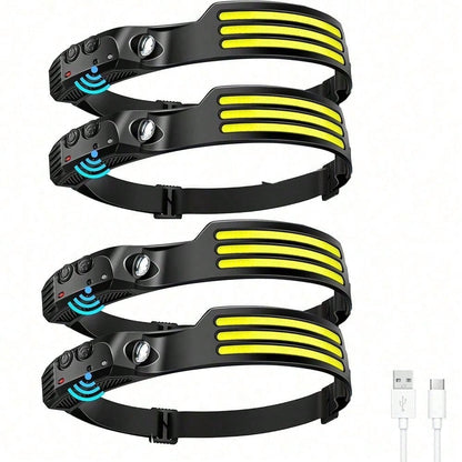 Four-Pack Rechargeable COB Strip Headlamps with 230° Wide-Light Label, Side Spotlight and Motion Sensor