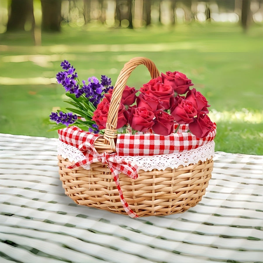 Large Wicker Picnic Basket with Split Lid, Central Carry Handle and Red Checkered Textile Lining